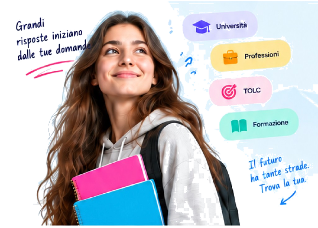 Studentessa che guarda al proprio futuro, con Università, Professioni, TOLC e Formazione